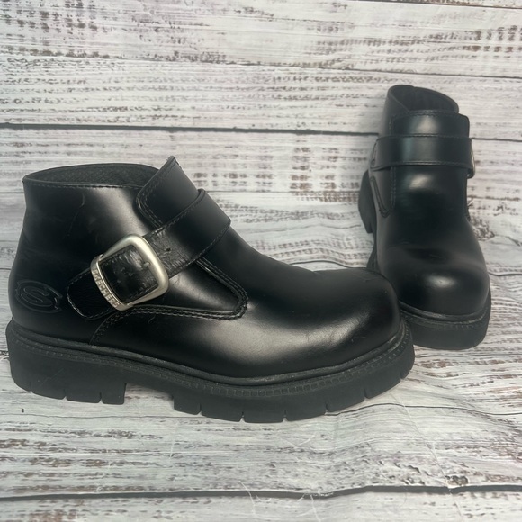 Skechers Mens Black Chunky Boots Monk Strap Y2K 90s Leather